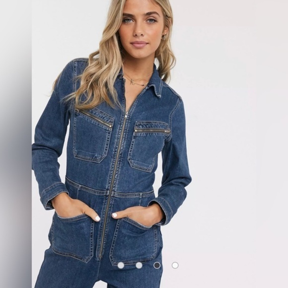 Free People Lennox medium wash‎ blue denim jeans utility Jumpsuit size large new - Picture 7 of 7